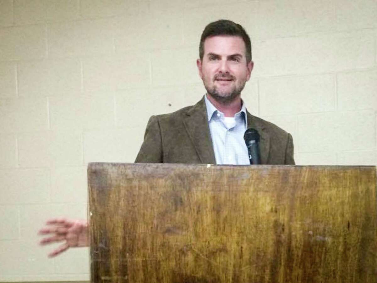 State Sen. Brandon Creighton, R-Conroe, speaks during the community meeting to discuss Senate Bill 1964 on Sunday, April 9, 2017, at the KC Event Center near Jones State Forest.