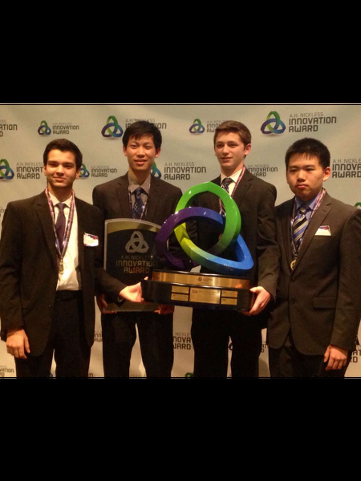The H. H. Dow High School Nickless Innovation Award winning team from left: Aditya Middha, Brandon Zhu, Mitchell Hayes and Derek Yan. Not shown is Megan Heydrick who was absent while attending a senior prom out of state.