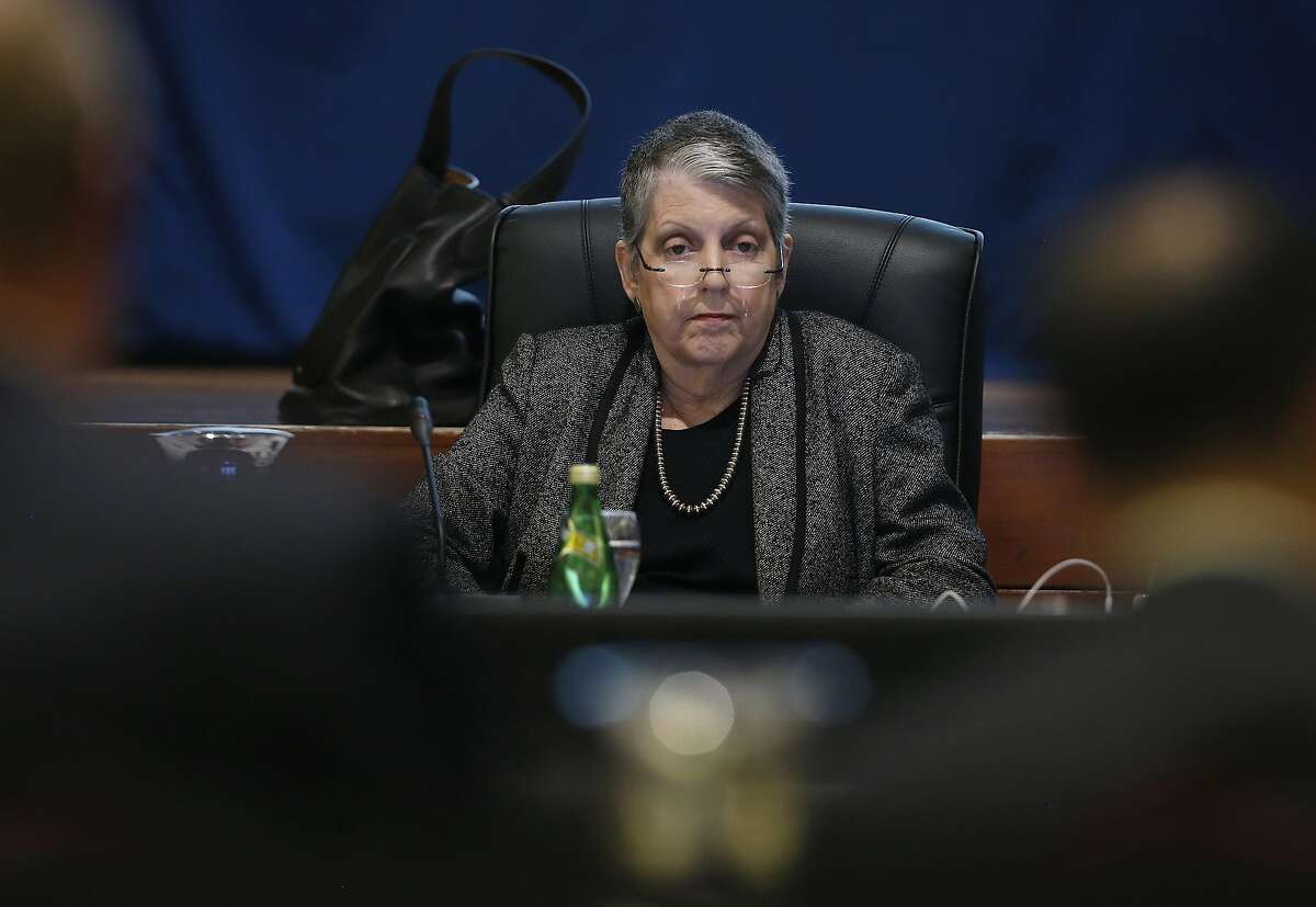 UC President Janet Napolitano listens as CFO Nathan Brostrom and budget analyst David Alcocer detail a proposed student tuition hike before the Board of Regents approved the plan during a meeting at the UCSF Mission Bay campus in San Francisco, Calif. on Thursday, Jan. 26, 2017.