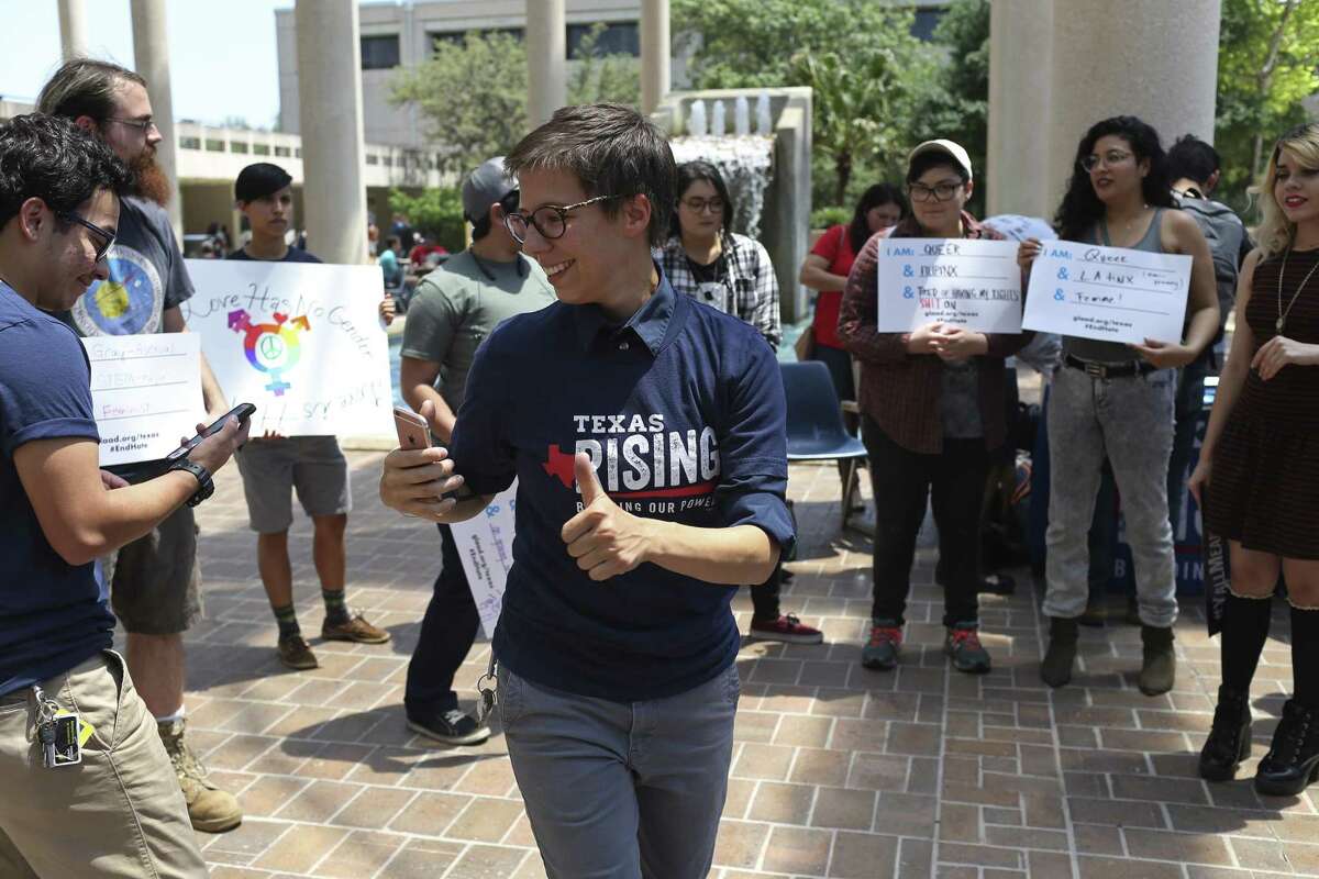 Rae Martinez addresses people gathered for the Texas Students Against Hate rally at the University of Texas at San Antonio main campus, Tuesday, April 25, 2017. The Texas Freedom Network's young adult group, called Texas Rising, has partnered with several state and national nonprofits to start a petition and host rallies that protest bills like SB6 and HB2899, both known as the "bathroom bill." Rallies were held at university campuses throughout the state.