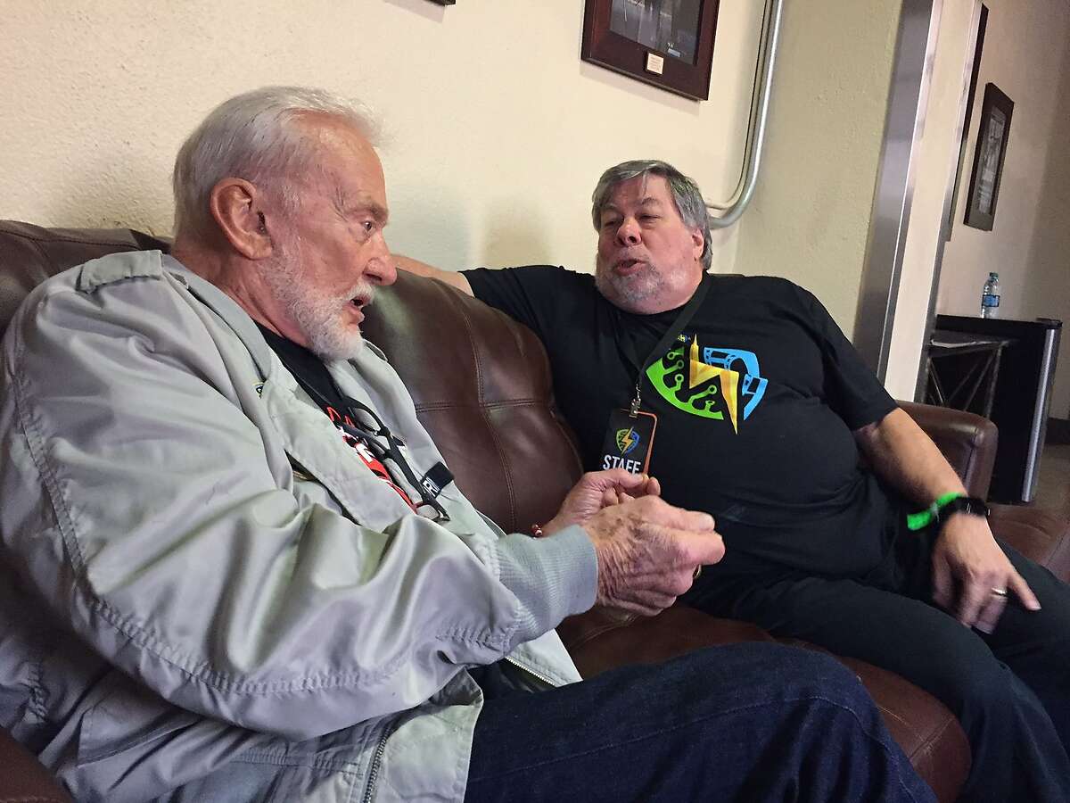 April 21, 2017: Buzz Aldrin and Steve Wozniak have a conversation back stage at the City National City arena at the Silicon Valley Comic Con.