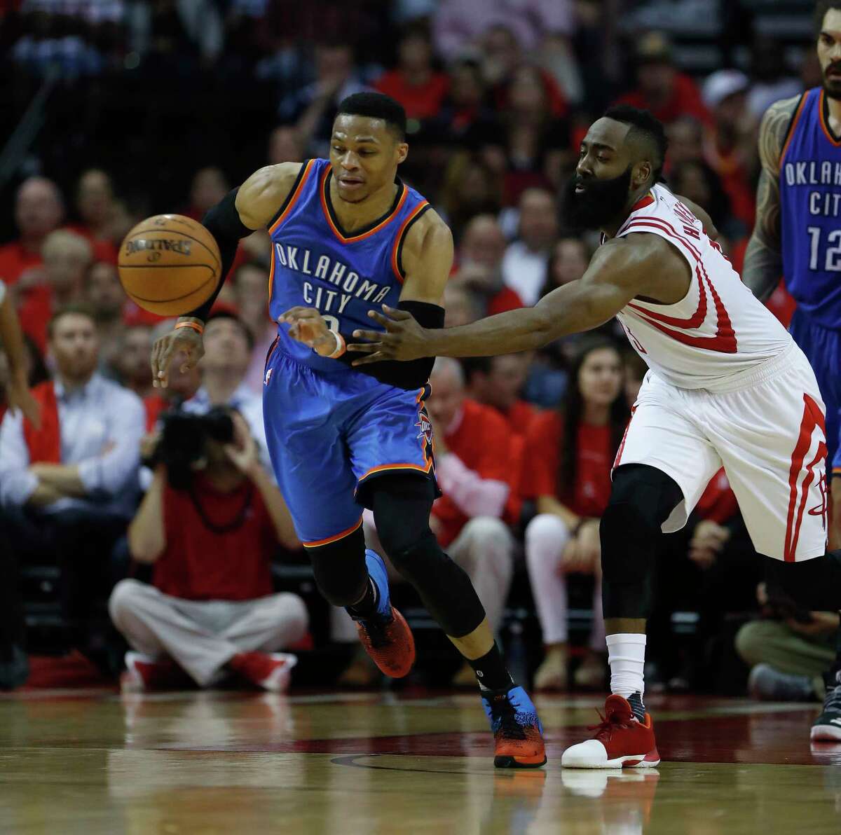 The 2016-17 season's Most Valuable Player in the National Basketball Association has come down to a contest between Oklahoma City Thunder guard Russell Westbrook, left, and Houston Rockets guard James Harden. The two are shown here in a playoff game April 24, 2017, in Houston. Voting on the MVP has concluded but the winner won't be announced until June 26, 2017, on live television.  Keep clicking to see a gallery of meet-ups between the two amazing players: