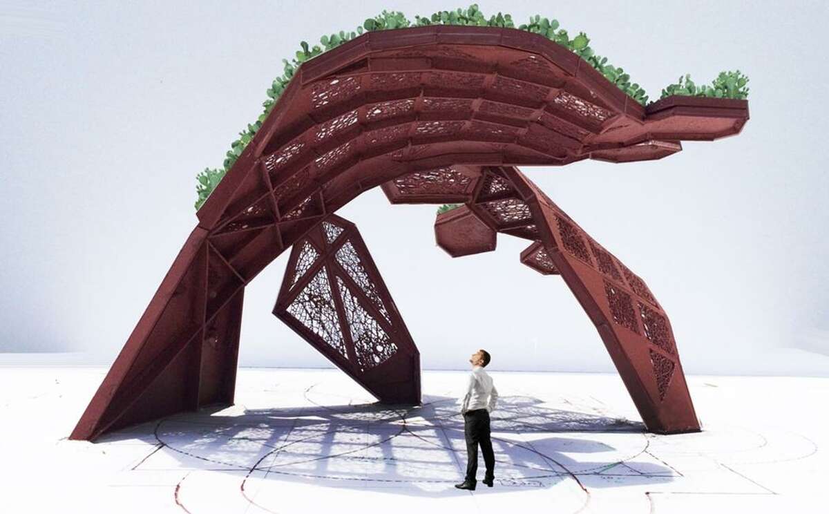 A rendering of “CoCobijos,” an installation designed by Houston native Mel Chin for the Mission San José Portal, shows live cactus growing along the outer edge of the piece.