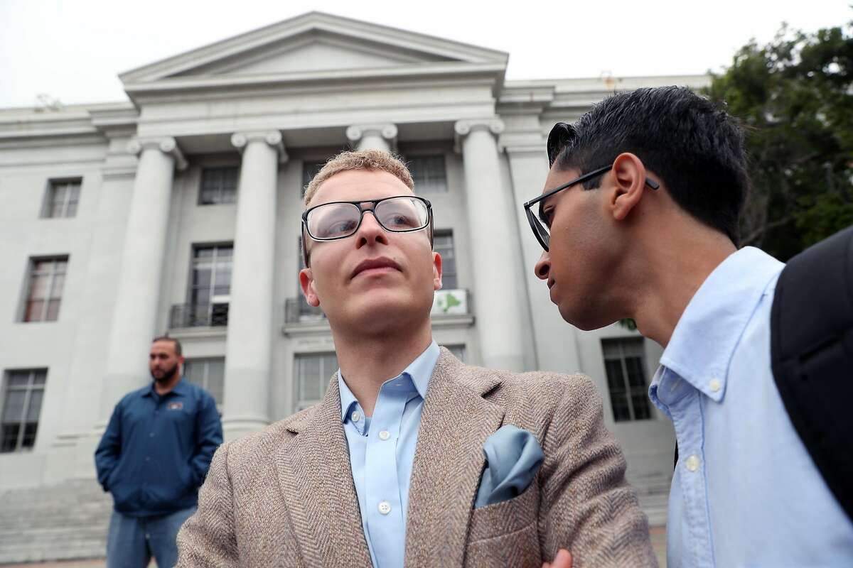 After the cancellation of Ann Coulter's scheduled Thursday appearance in Sproul Plaza, Berkeley College Republicans President Troy Worden and External Vice President Naweed Tahmas talk after press conference in Berkeley, Calif., on Wednesday, April 26, 2017.