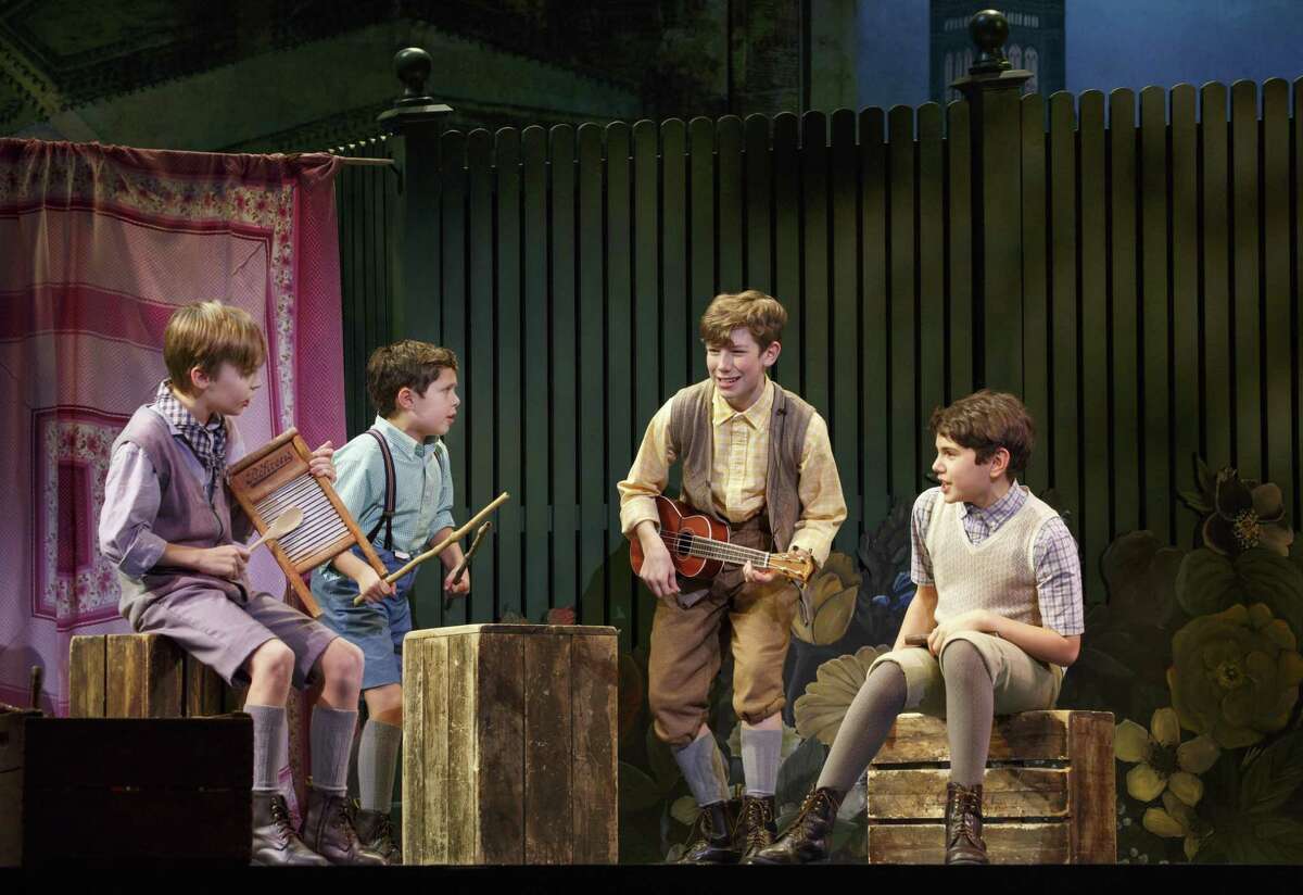 Mitchell Wray (from left), Jordan Cole, Finn Faulconer and Ben Krieger play brothers in the touring production of "Finding Neverland" that is coming to the Majestic Theatre.