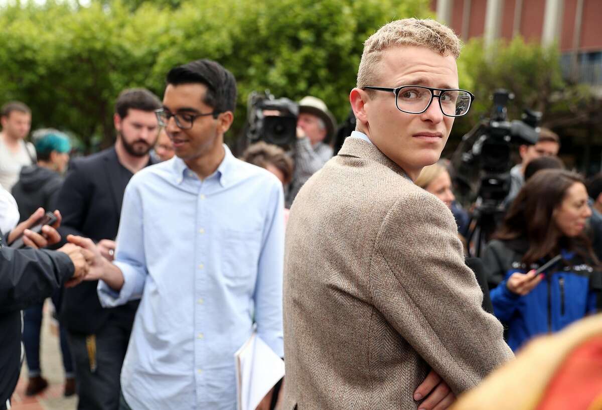 After the cancellation of Ann Coulter's scheduled Thursday appearance in Sproul Plaza, Berkeley College Republicans President Troy Worden (right) and External Vice President Naweed Tahmas wait to start press conference in Berkeley, Calif., on Wednesday, April 26, 2017. Yvette Felarca, national organizer for By Any Means Necessary, a group that led protests against conservative speakers at the UC Berkeley campus in 2017, has to pay the attorney and court fees for Troy Worden, the former president of the College Republicans, which promoted the events.