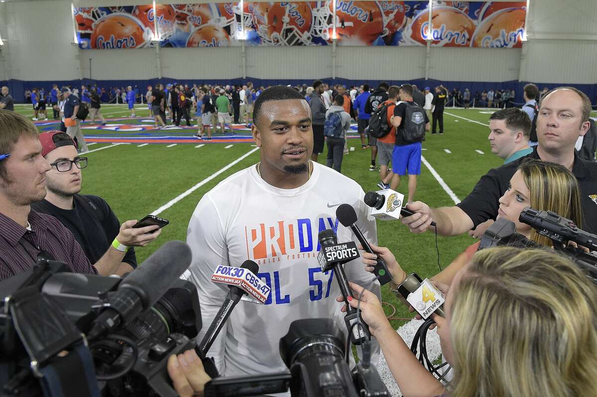 Linebacker Caleb Brantley talks to reporters during Florida's NFL Pro Day in Gainesville, Fla., Tuesday, March 28, 2017. (AP Photo/Phelan M. Ebenhack)