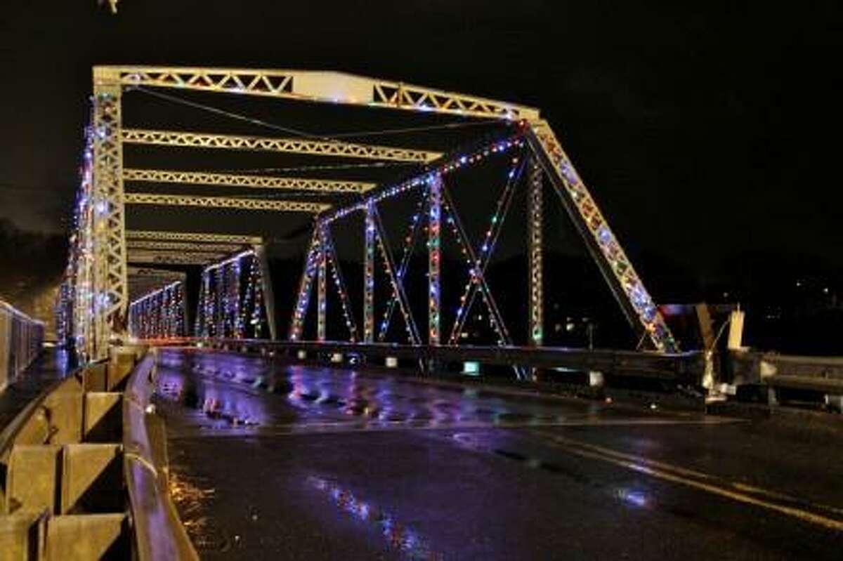 The bridge over the Saugatuck River in Westport, aglow with holiday lights.
