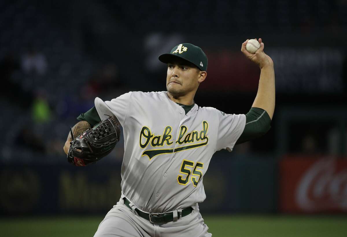 Oakland Athletics starting pitcher Sean Manaea throws against the Los Angeles Angels during the first inning of a baseball game, Wednesday, April 26, 2017, in Anaheim, Calif. (AP Photo/Jae C. Hong)