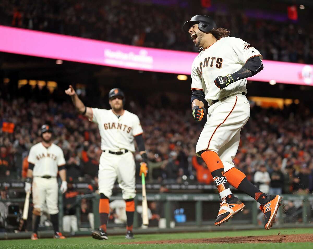 San Francisco Giants' Michael Morse celebrates his game-tying hime run in 8th inning against Los Angeles Dodgers' during MLB game at AT&T Park in San Francisco, Calif., on Wednesday, April 26, 2017.