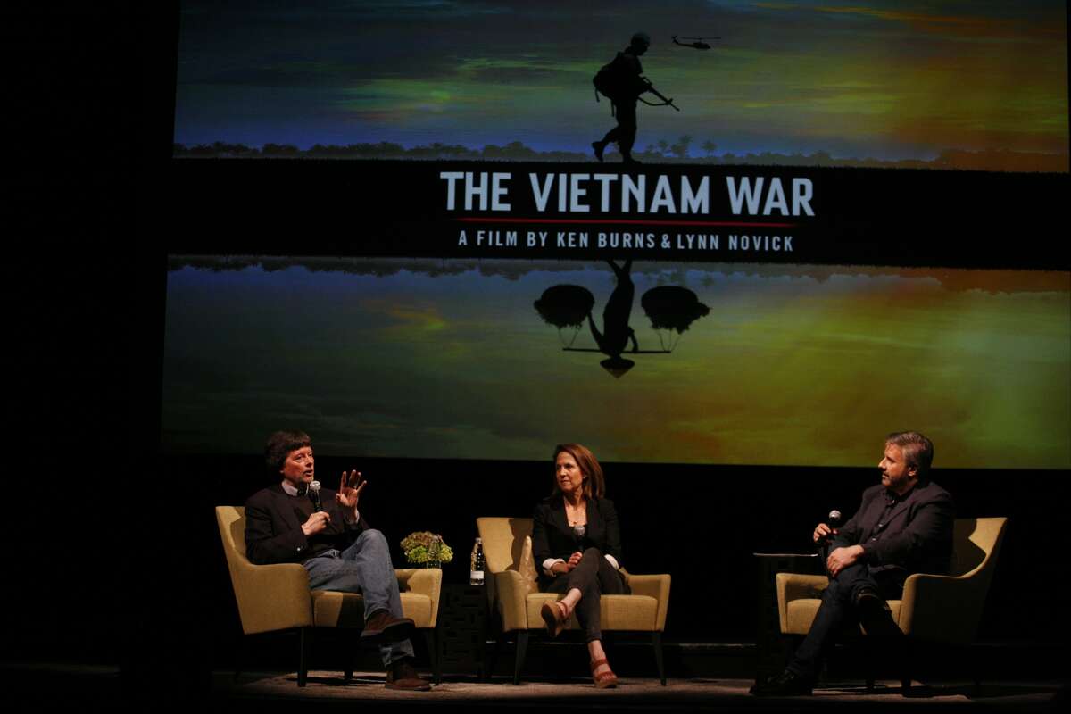 Ken Burns and Lynn Novick discuss "The Vietnam War," their new 18-hour documentary with Ernie Manouse at the University of Houston's Cullen Performance Hall on April 26, 2017. Photo courtesy of Houston Public Media/John Lewis