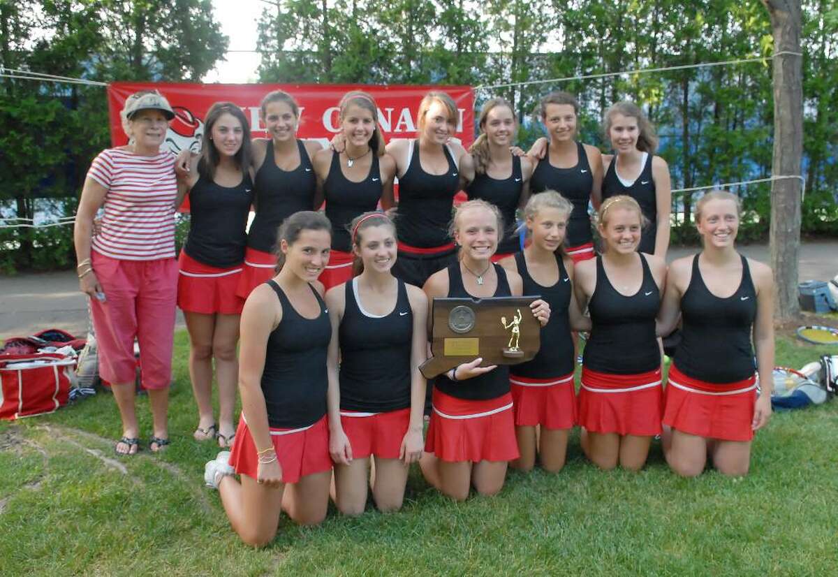 The New Canaan girls tennis team poses for a photo after winning the Class M Championship over Wilton High School, 7-0, at Yale University, Friday, June 4, 2010.