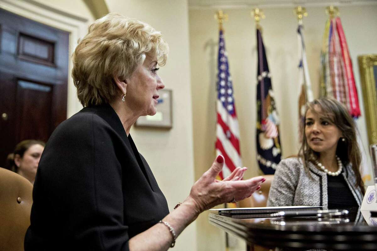 Greenwich, Conn. resident Linda McMahon, administrator of the U.S. Small Business Administration, in March 2017, during a White House meeting with small business owners. Greenwich ranked third for new business registrations in Connecticut in 2016, according to the Connecticut Secretary of State’s office, with the town maintaining its pace from the previous year. (Photo by Andrew Harrer-Pool/Getty Images)