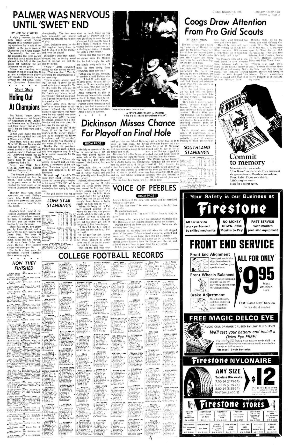 Houston Chronicle inside page - November 21, 1966 - section 2, page 3. Dickinson Misses Chance For Playoff on Final Hole. PALMER WAS NERVOUS UNTIL 'SWEET' END. Holing Out At Champions.
