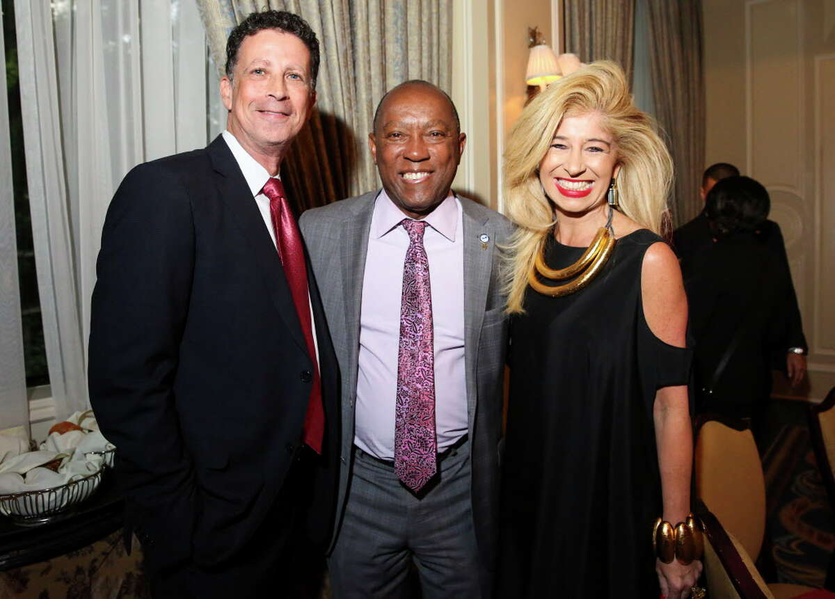 Houston Mayor Sylvester Turner, center, pose for a photo with Barry Mandel and Sofia Adrogue at the American Leadership Forum's Joseph Jaworski Leadership Award dinner at The Houstonian Wednesday, April 26, 2017, in Houston.
