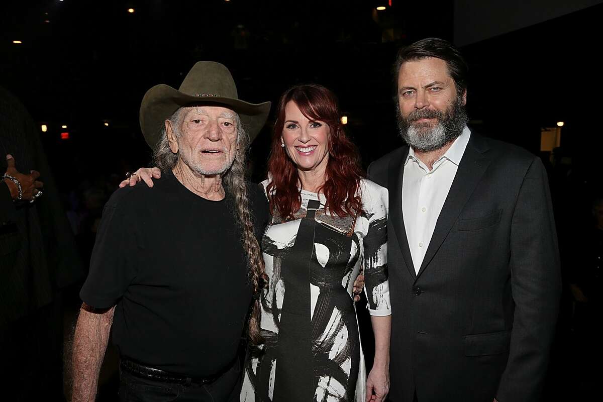 Willie Nelson, Megan Mullally and Nick Offerman attend the ACL Hall of Fame taping at ACL Live on October 12, 2016 in Austin, Texas.
