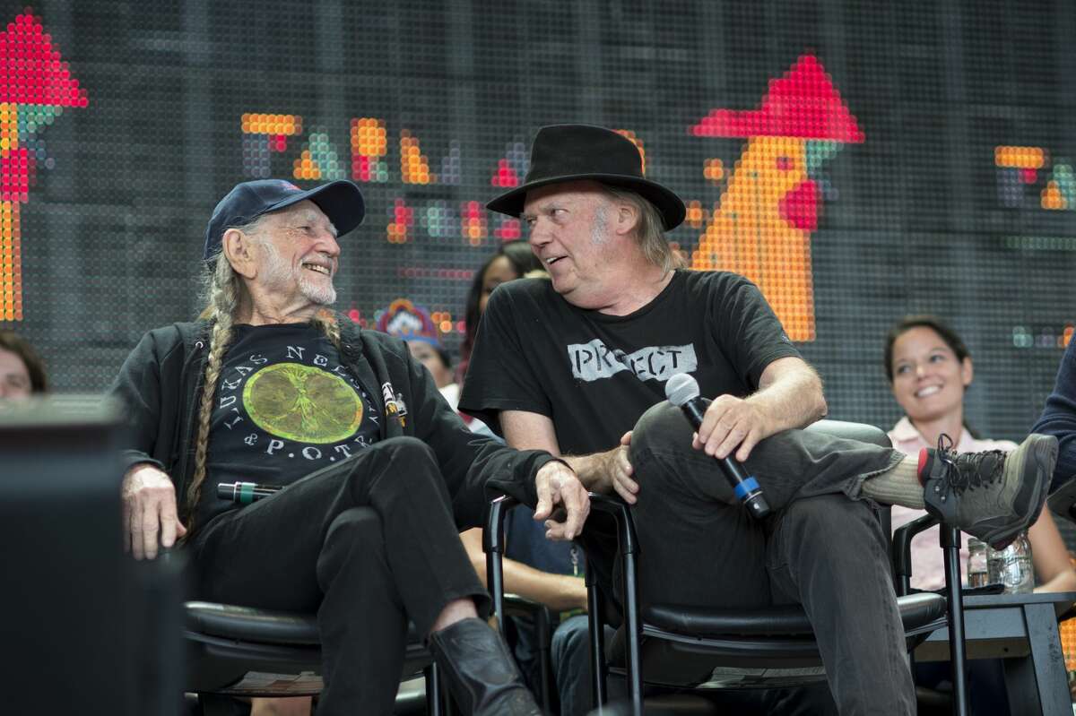Willie Nelson and Neil Young at the Farm Aid press conference at Jiffy Lube Live in Bristow, Virginia on September 17, 2016.