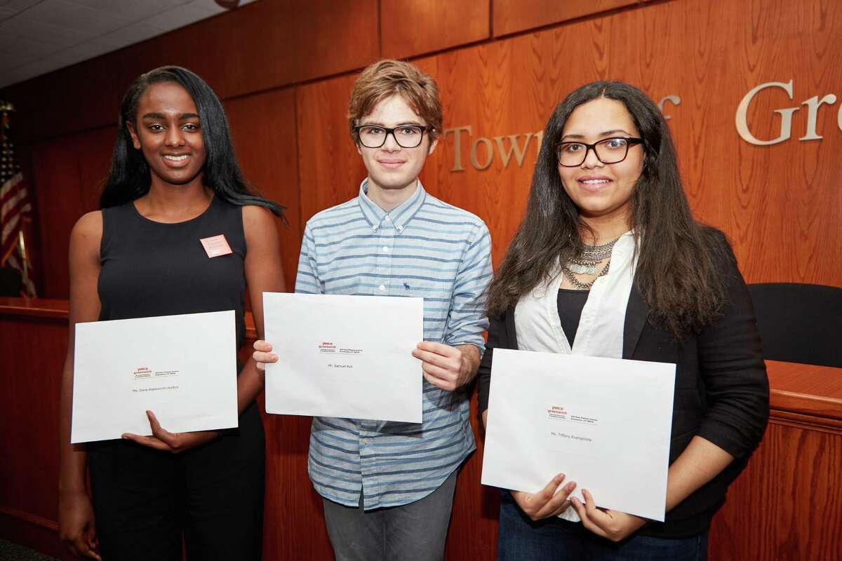 From left, Dana Wadsworth-Hutton from Greenwich Academy and Greenwich High School students Samuel Ryb and Tiffany Evangelista were winners of the 2017 YWCA Racial Justice Scholarship awards.