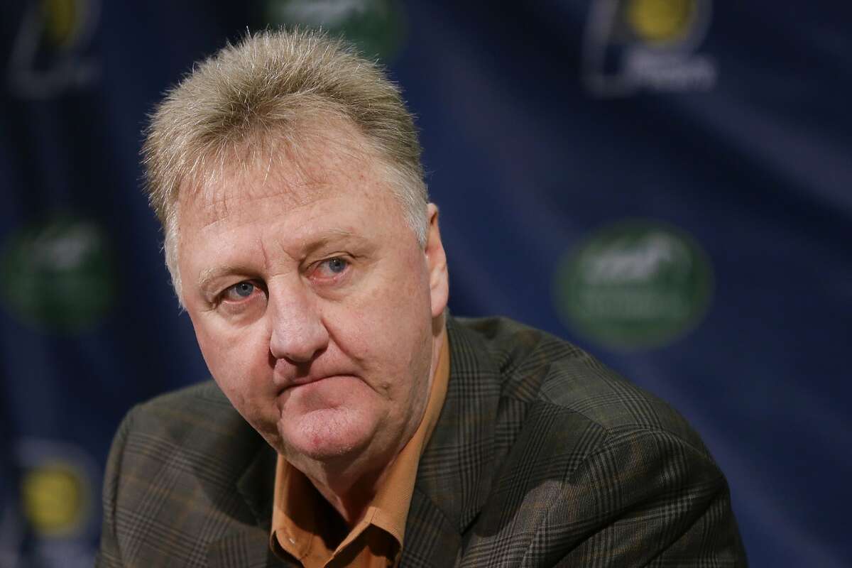 FILE - In this May 5, 2016, file photo, Indiana Pacers president of basketball operations Larry Bird speaks at a press conference in Indianapolis. A person with knowledge of the situation tells The Associated Press that Larry Bird is stepping down as president of the Indiana Pacers. Kevin Pritchard is being elevated from general manager to the team's new president of basketball operations, the person told The AP. He spoke on condition of anonymity because the team has not announced the move. (AP Photo/Michael Conroy, File)
