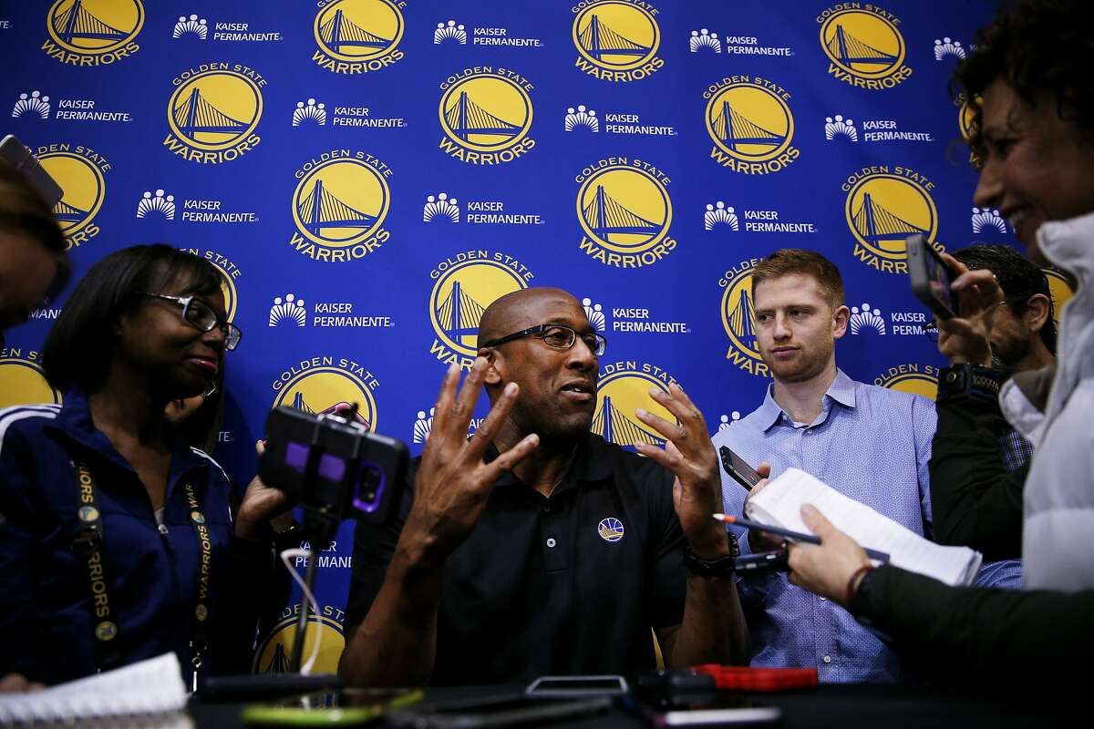 Golden State Warriors assistant coach Mike Brown answers questions from the news media at the Warriors training facility at the Oakland Convention Center on Wednesday, April 26, 2017, in Oakland, Calif.