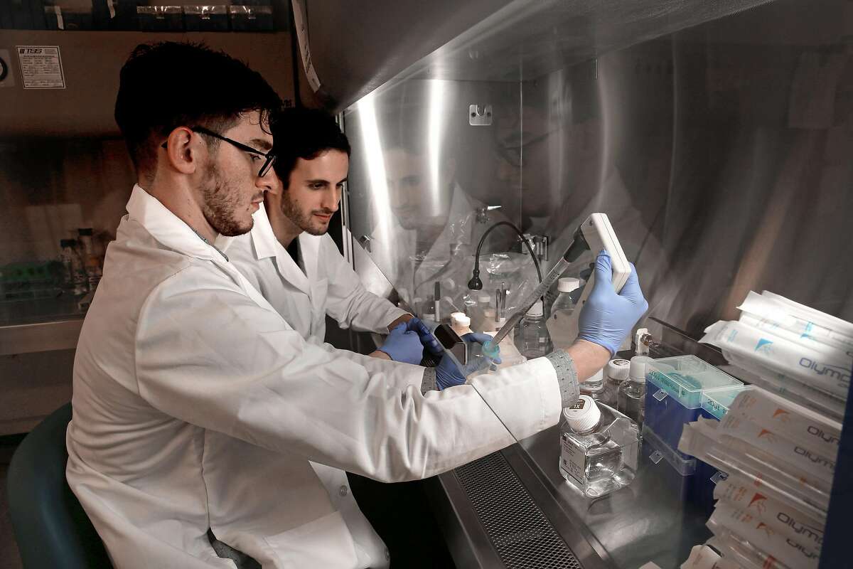 Brian Wyrwas, (left) and Mike Selden are co-founders of Finless Foods, they are seen in the research laboratory in downtown in San Francisco, Ca. on Friday April 28, 2017.