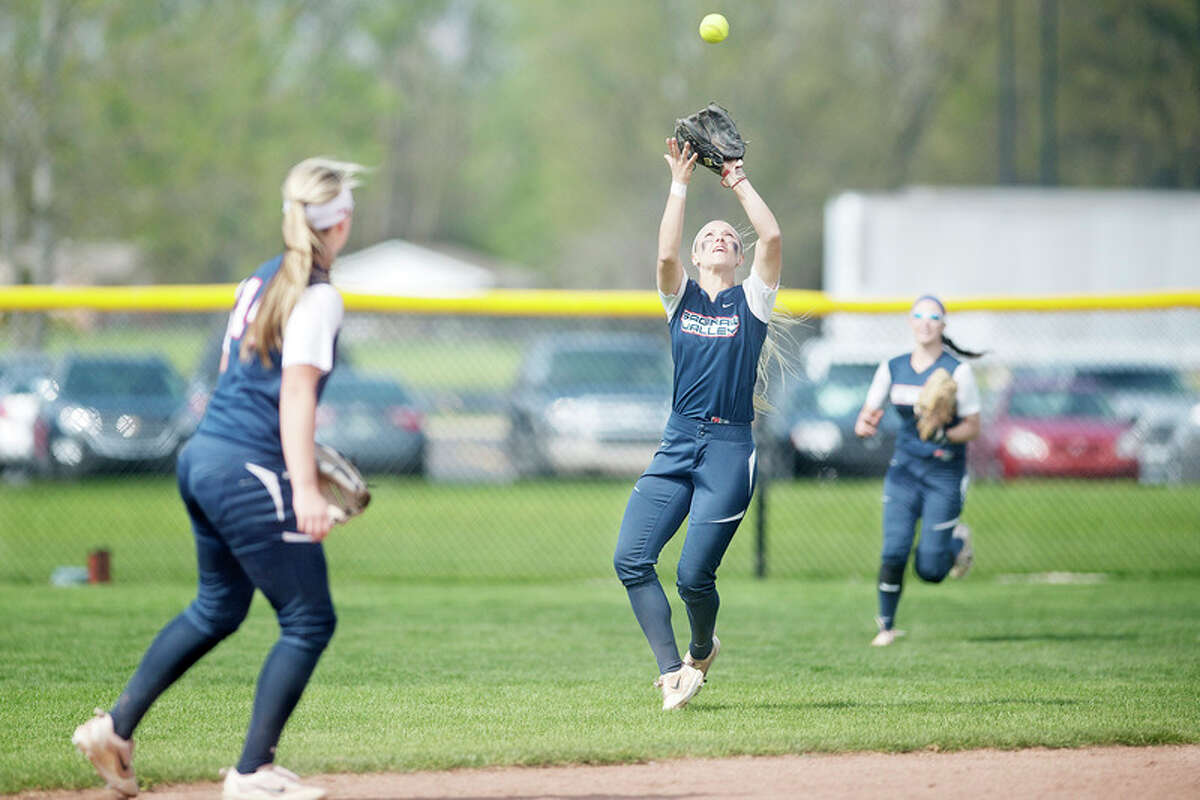 BRITTNEY LOHMILLER | blohmiller@mdn.net Saginaw Valley State's Meredith Rousse catches a fly ball during Friday's doubleheader against Northwood.