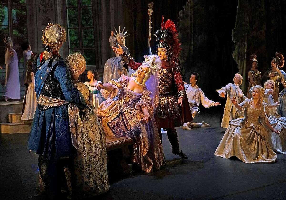 (From left) Aaron Sheehan as Trajan,�Gabrielle Philiponet as Plautine, Meggi Sweeney Smith as Venus and�Andrew Trego as Mars with cast at PBO's "Le Temple de la Gloire" by Rameau.