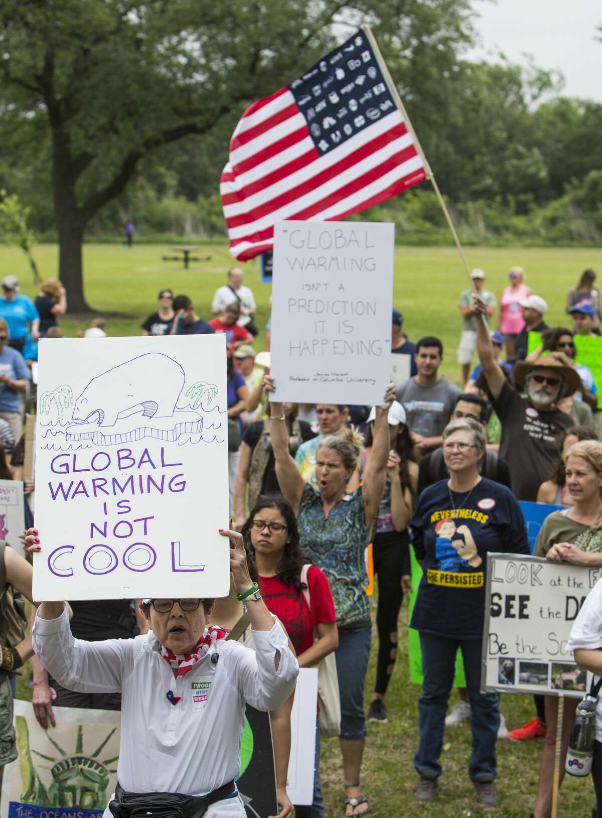 Demonstrators hold up signs while listening to speakers during the Houston Climate March rally at Clinton Park on Saturday, April 29, 2017, in Houston. ( Brett Coomer / Houston Chronicle )
