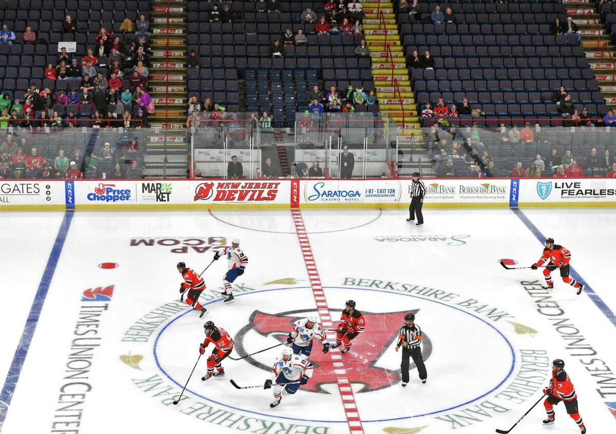 The Springfield Thunderbirds battle the Albany Devils before a small crowd at the Times Union Center Friday March 17, 2017 in Albany, NY. (John Carl D'Annibale / Times Union)