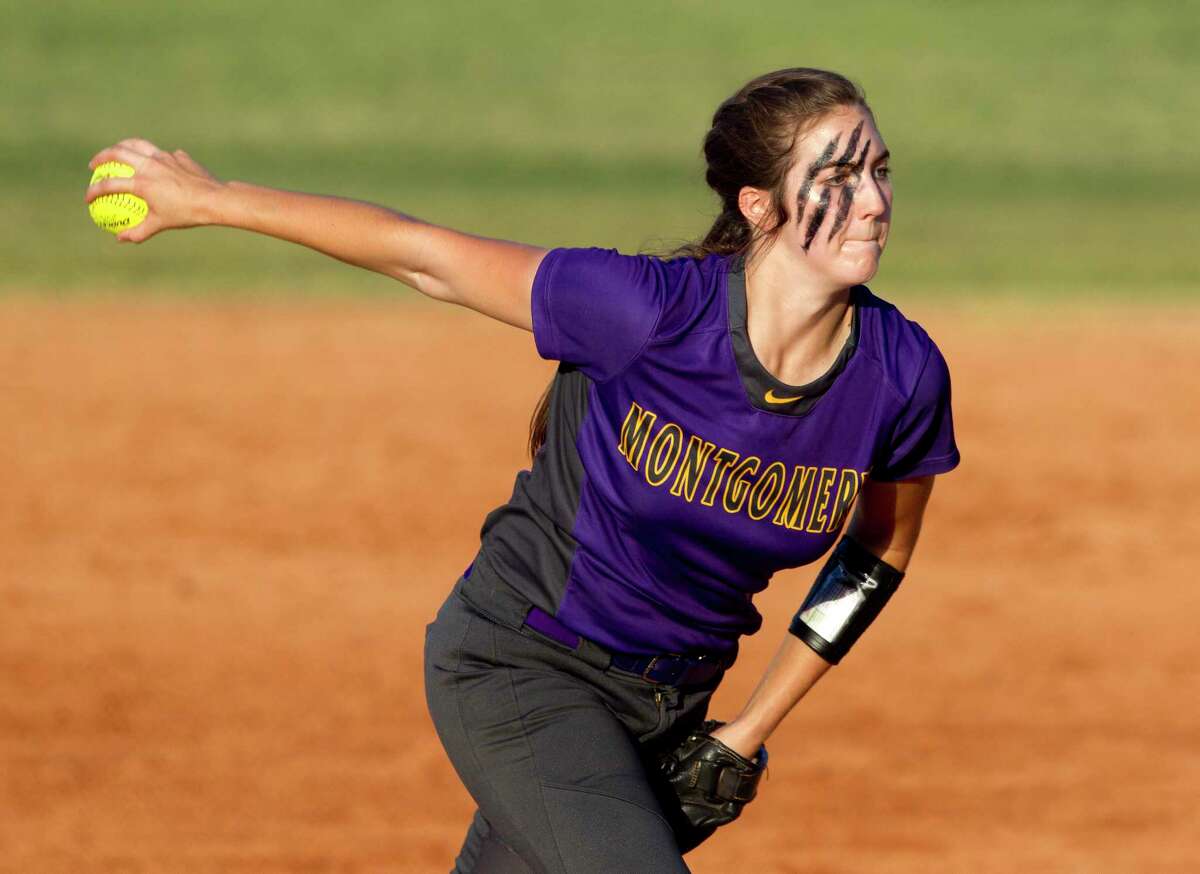 Montgomery starting pitcher Piper Maguire (11) throws during the first inning of a District 12-6A high school softball game, Wednesday, April 19, 2017, in Conroe.