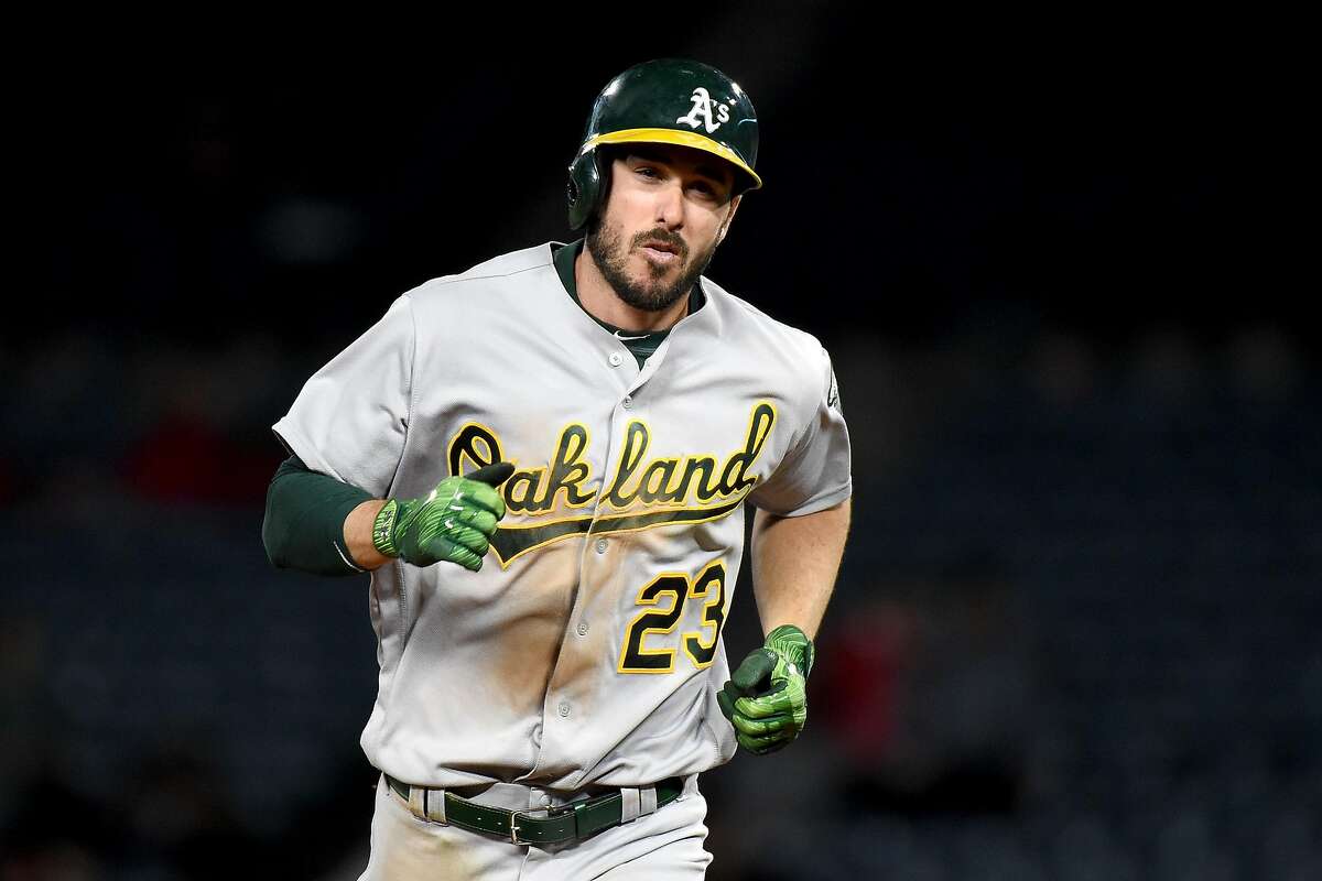 ANAHEIM, CA - APRIL 26: Matt Joyce #23 of the Oakland Athletics runs the bases after hitting a two run homerun in the eighth inning against the Los Angeles Angels of Anaheim at Angel Stadium of Anaheim on April 26, 2017 in Anaheim, California. (Photo by Lisa Blumenfeld/Getty Images)