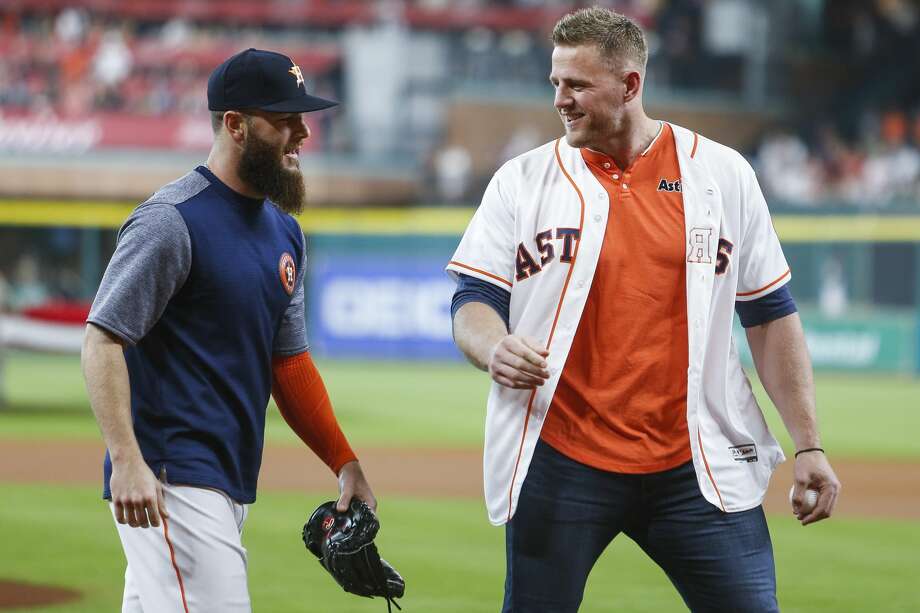 watt tosses first pitch at astros game, discusses deshaun