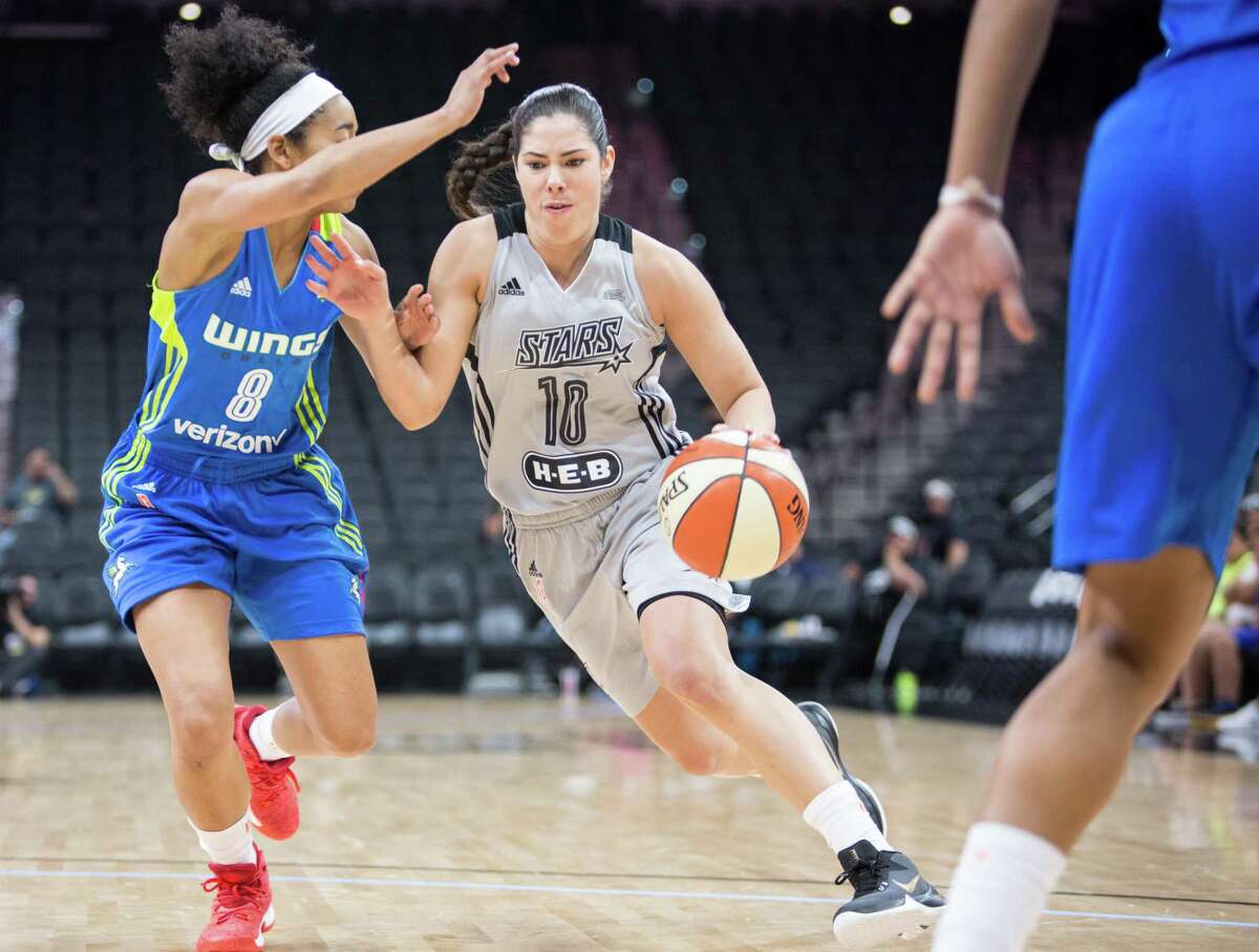 Kelsey Plum of the Stars drives to the basket during a WNBA preseason game against the Dallas Wings at the AT&T Center in San Antonio on April 29, 2017.