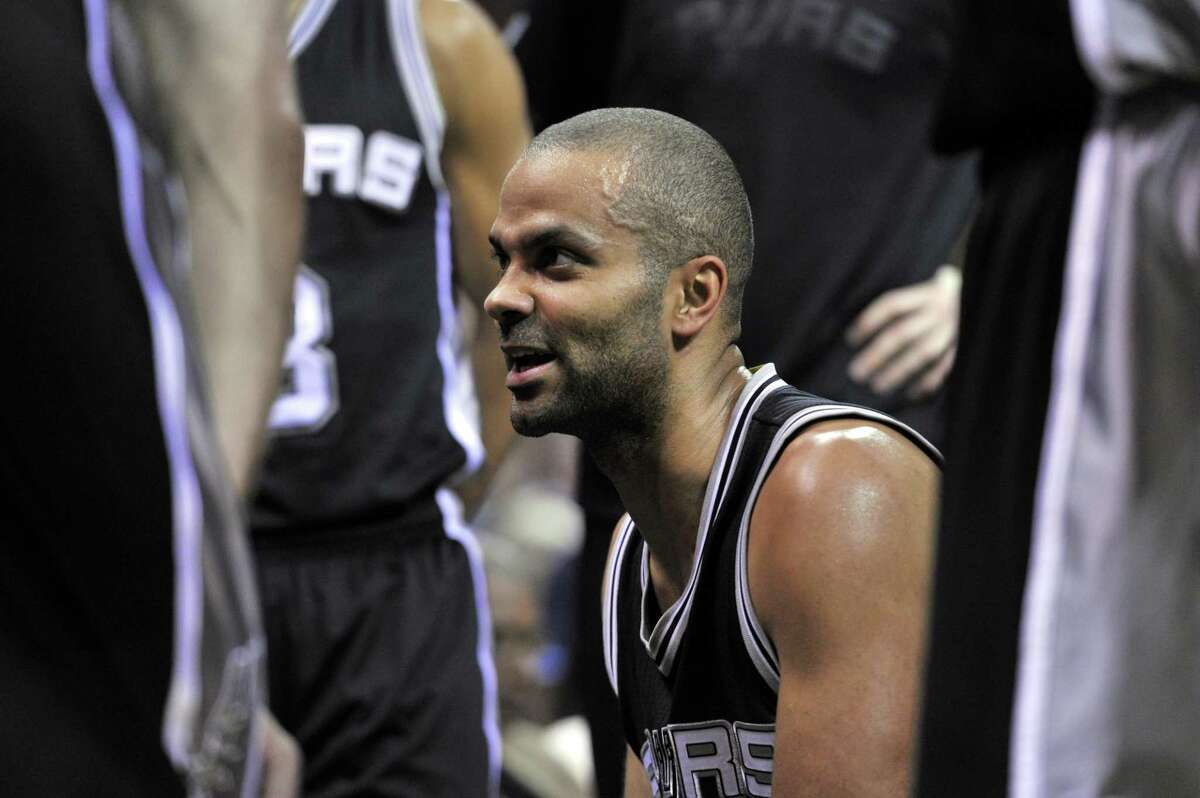 Spurs guard Tony Parker talks to teammates during a timeout during the first half of Game 6 against the Grizzlies on April 27, 2017, in Memphis, Tenn.