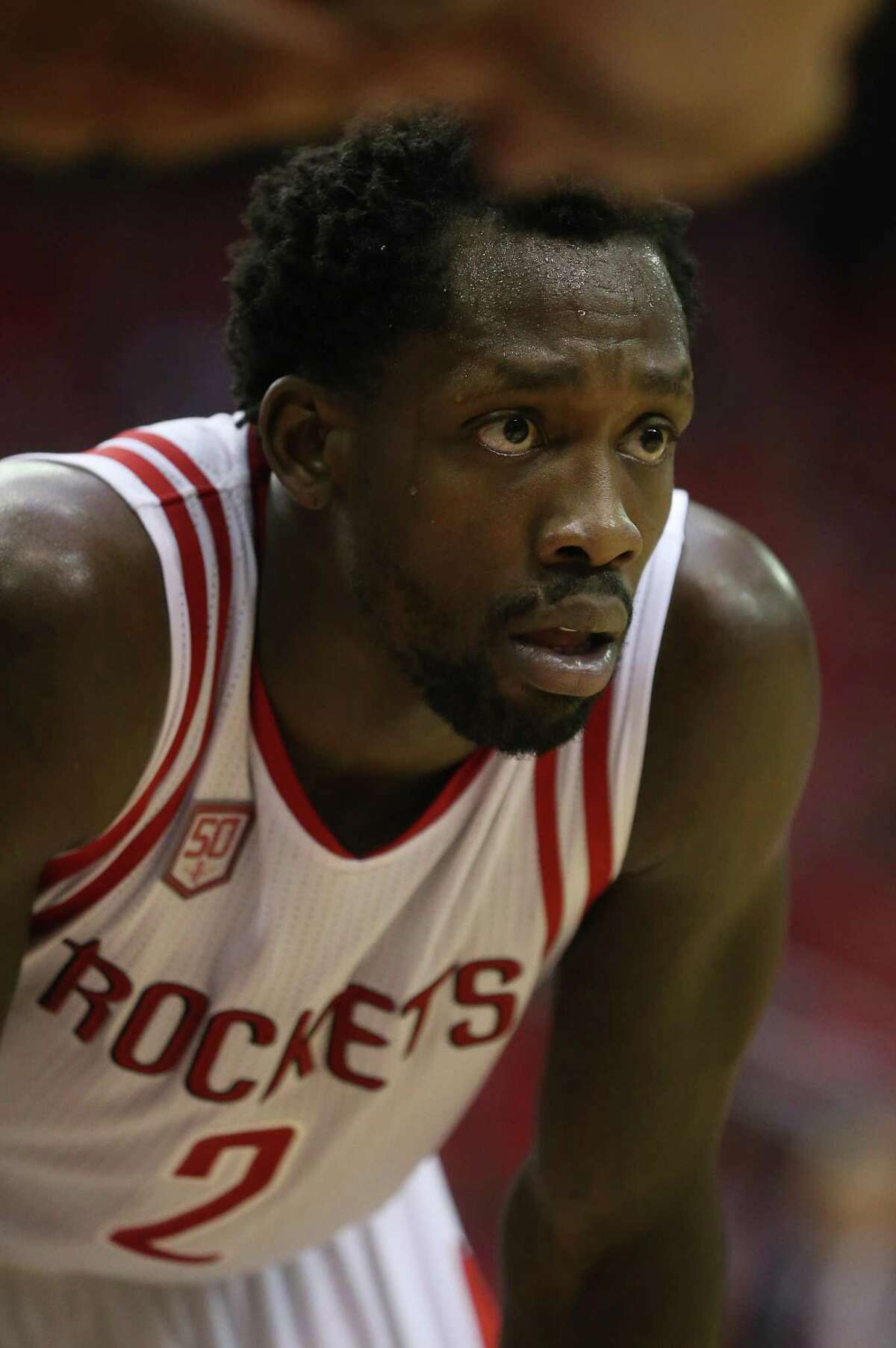 Rockets guard Patrick Beverley waits during a break during the second half of Game 5 of he Western Conference quarterfinals on April 24, 2017, in Houston.