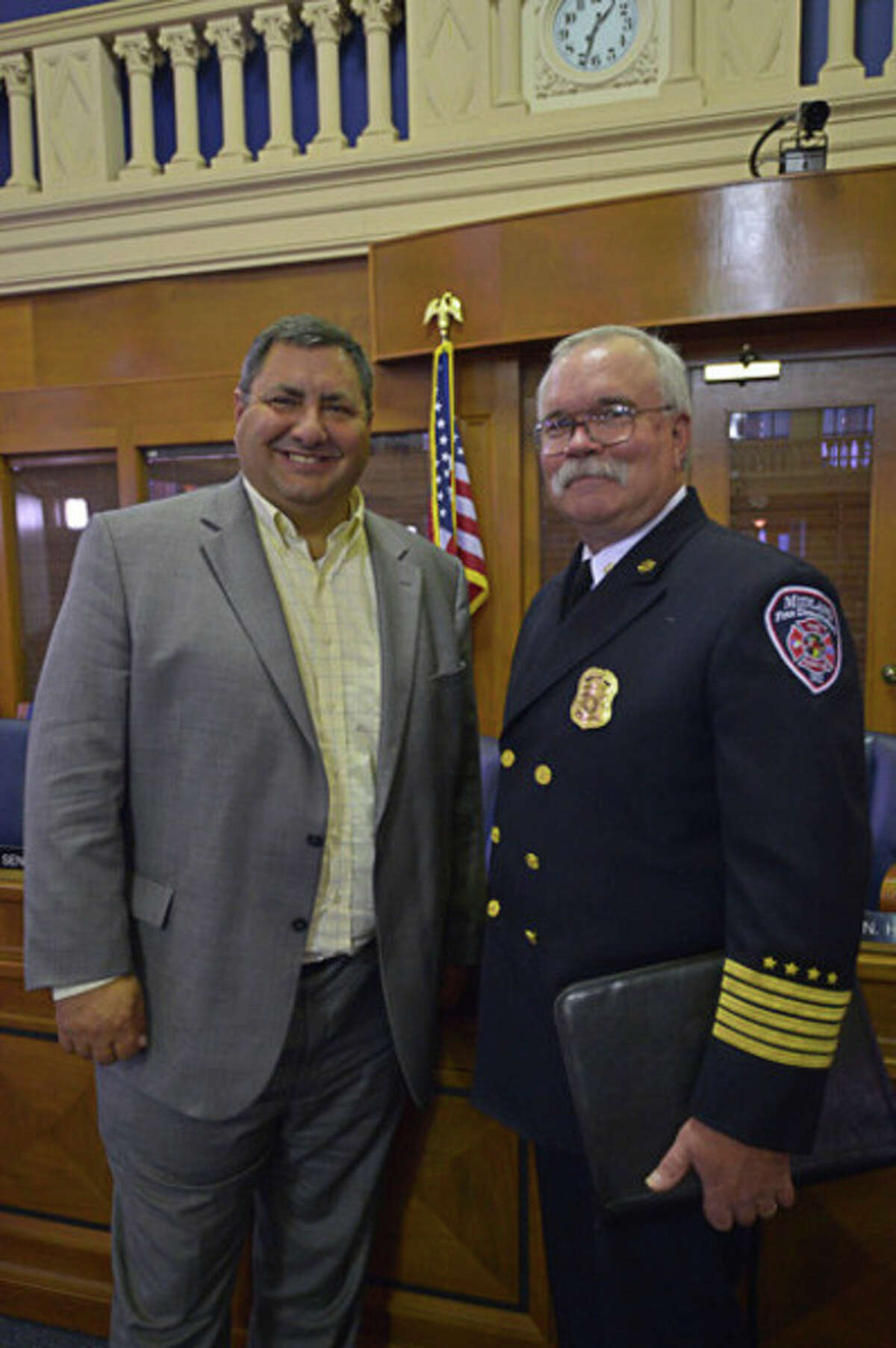 State Sen. Jim Stamas, left, with Midland Fire Chief Chris Coughlin before Stamas underwent bariatric surgery and lost nearly 100 pounds.