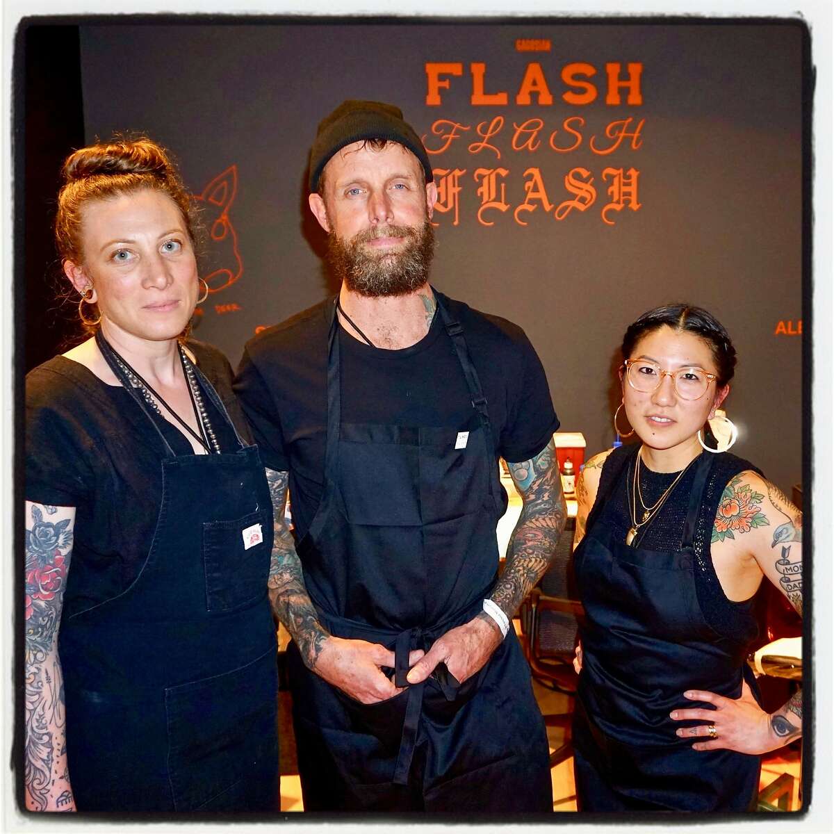 Artists (from left) Hannah Wednesday, Jesse Tuesday and Candi Kinyobi man the Gagosian Gallery tattoo parlor at the SFMOMA #BirthdayBash. April 26, 2017.