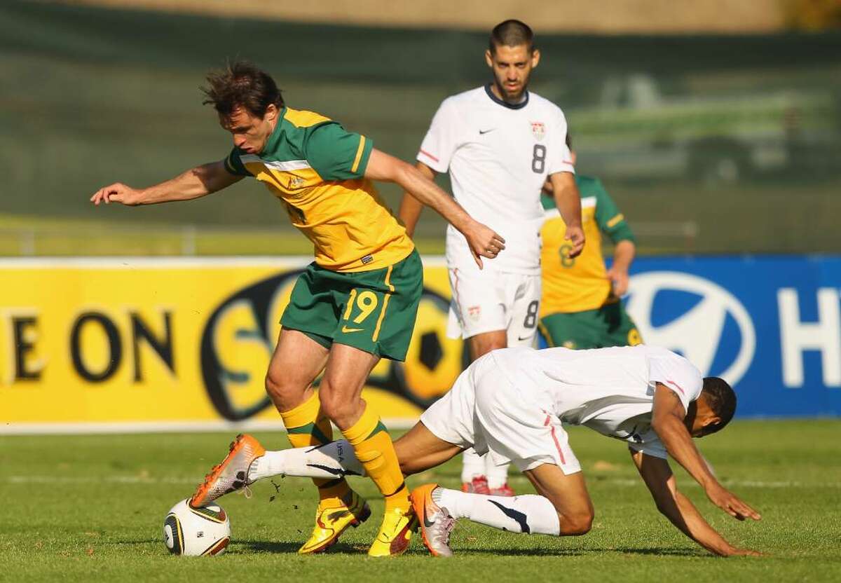 ROODEPORT, SOUTH AFRICA - JUNE 01: Richard Garcia of Australia is challenged by his opponent during the International Friendly between the Australian Socceroos and the USA at Ruimsig Stadium on June 5, 2010 in Roodeport, South Africa. (Photo by Robert Cianflone/Getty Images) *** Local Caption *** Richard Garcia