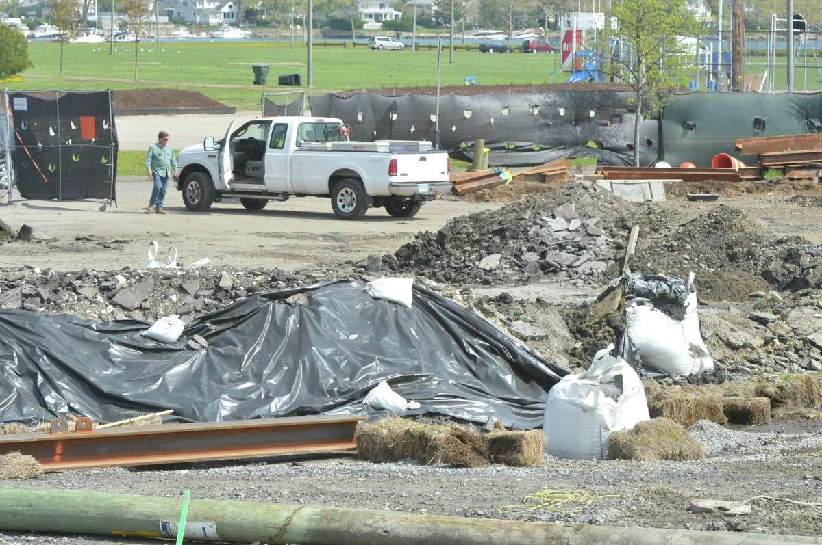 Work continues on Monday May 1, 2017 at the Norwalk Visitor?’s Docks after replacement of the underwater launch ramps, installation of a retaining wall and reconstruction of the parking lot. Monday was the target date for the complex at Veterans park to open to the public in Norwalk Conn.