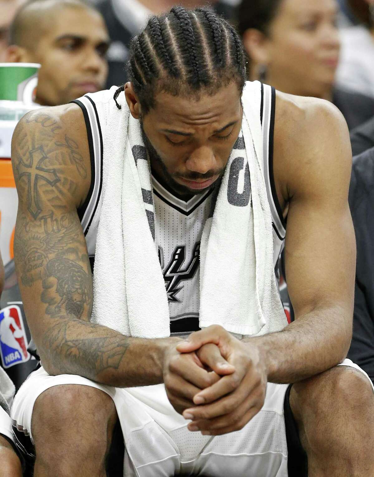 San Antonio Spurs' Kawhi Leonard sits dejected on the bench during second half action of Game 1 in the Western Conference semifinals against the Houston Rockets held Monday May 1, 2017 at the AT&T Center.