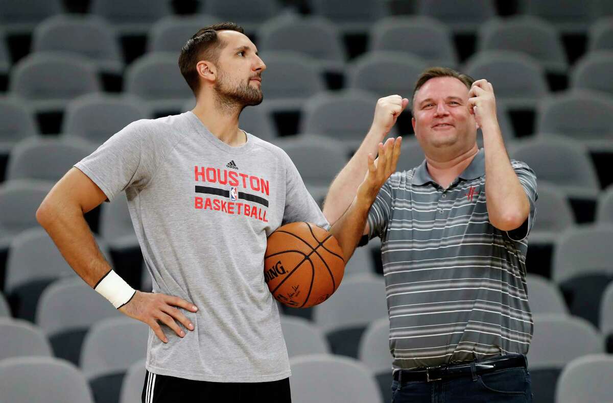 Rockets GM Daryl Morey jokes around with Ryan Anderson during Rockets practice as they prepare for Game 2 of the second-round of the Western Conference NBA playoffs at AT&T Center, Tuesday, May 2, 2017, in San Antonio.