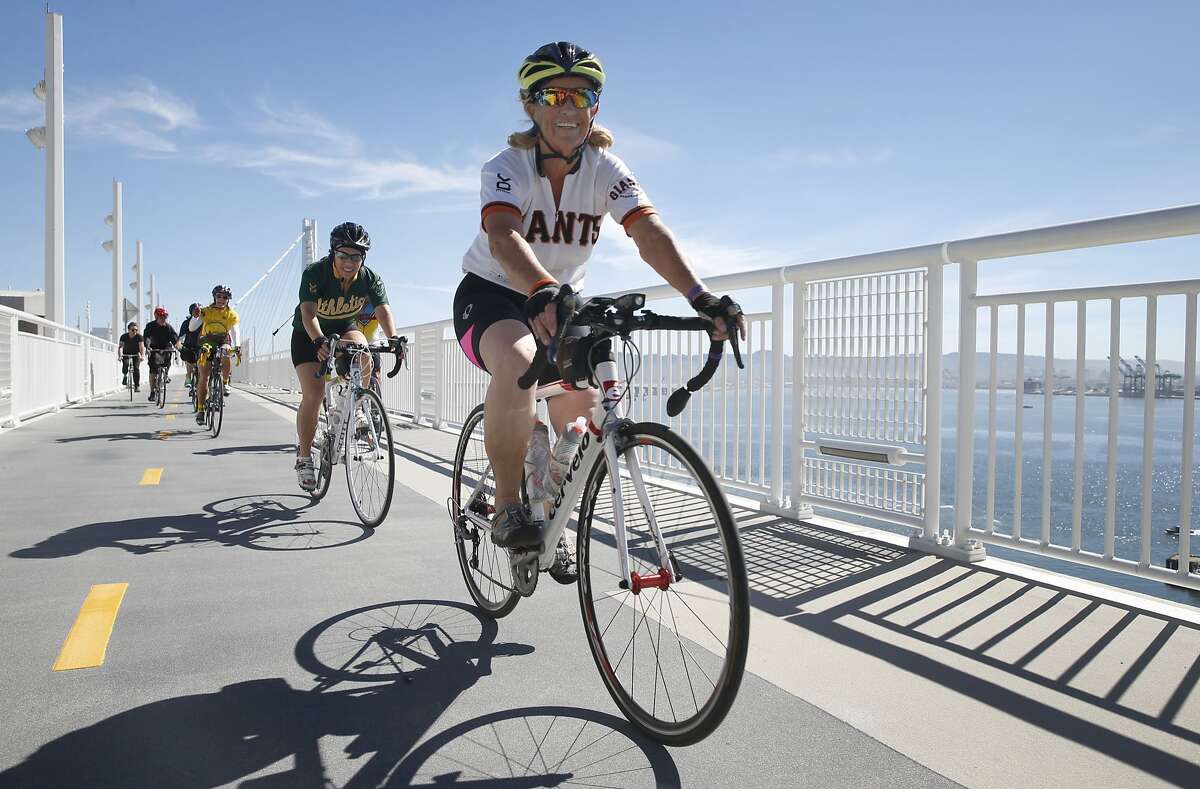 Bicyclists arrive at Yerba Buena Island after starting from Oakland on the Bay Bridge Bike Path in San Francisco, Calif. on Tuesday, May 2, 2017. Transportation officials dedicated a new vista point overlooking the new eastern span and the East Bay on the same day the 2.2 mile bike and pedestrian path opened on weekdays making it accessible 7 days a week.