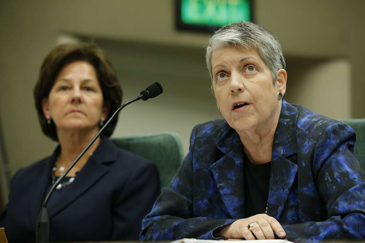University of California president Janet Napolitano and UC Board of Regents president Monica Lozano during a joint legislative oversight hearing on Tuesday, May 2, 2017, at the California State Capitol in Sacramento, Calif. A state audit found the Napolitano's office collected at least $175 million in secret reserve funds.