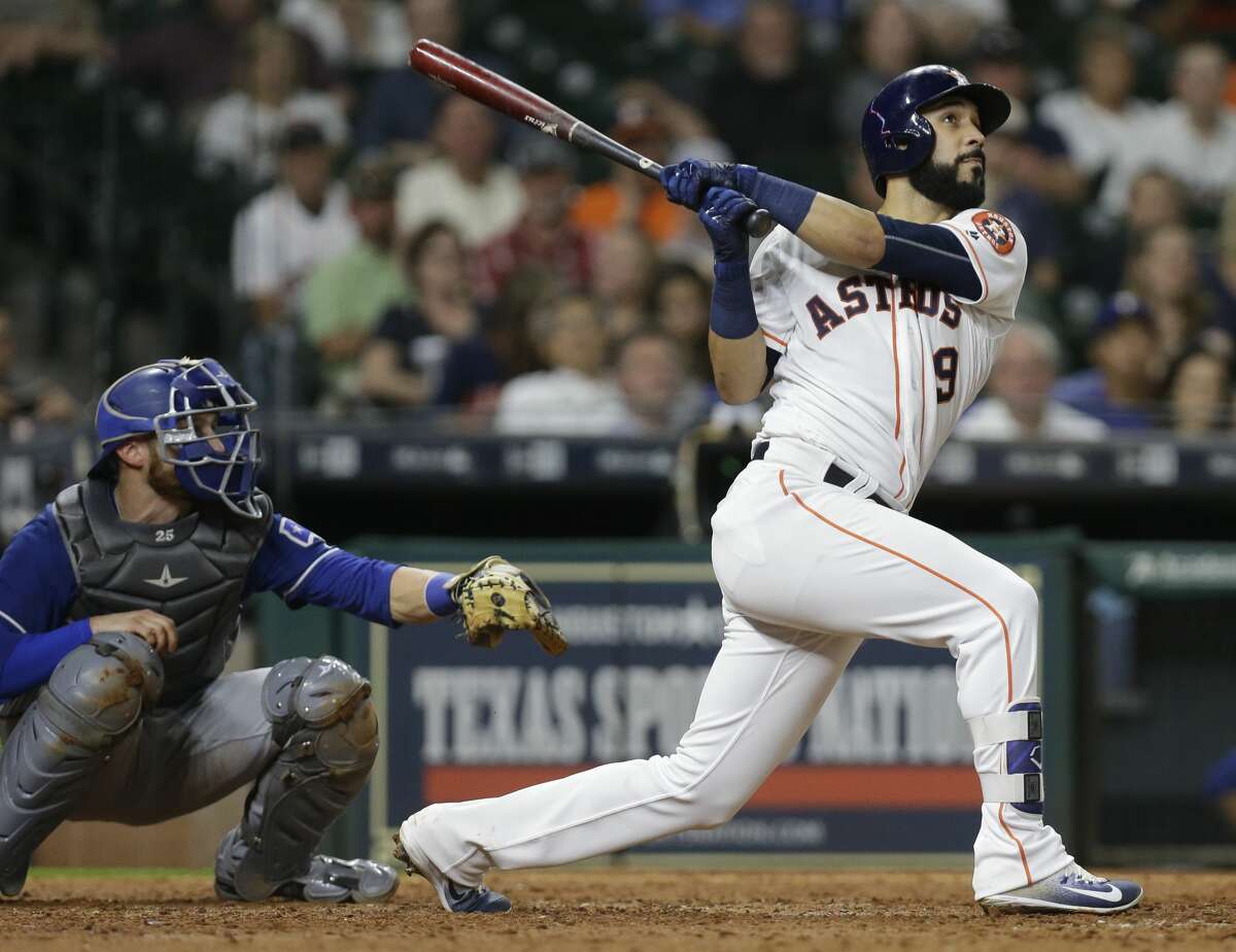 Houston Astros Marwin Gonzalez hits a grand slam against the Texas Rangers during the eighth inning at Minute Maid Park Tuesday, May 2, 2017, in Houston. Carlos Beltran, Jose Altuve, and Evan Gattis scored on the home run. ( Melissa Phillip / Houston Chronicle )