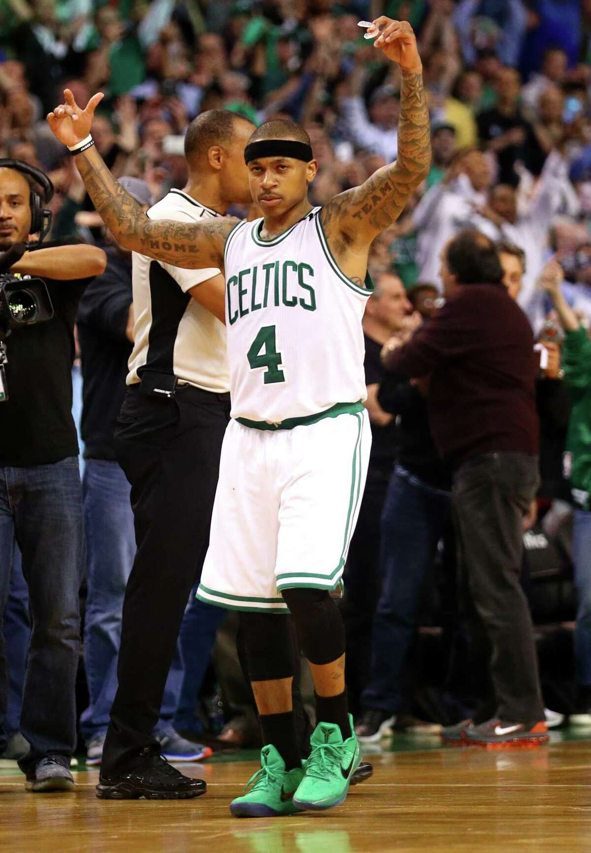 BOSTON, MA - MAY 2: Isaiah Thomas #4 of the Boston Celtics celebrates at the end the Celtics 129-119 overtime win over the Washington Wizards in Game Two of the Eastern Conference Semifinals at TD Garden on May 2, 2017 in Boston, Massachusetts. NOTE TO USER: User expressly acknowledges and agrees that, by downloading and or using this Photograph, user is consenting to the terms and conditions of the Getty Images License Agreement. (Photo by Maddie Meyer/Getty Images) ORG XMIT: 700042690