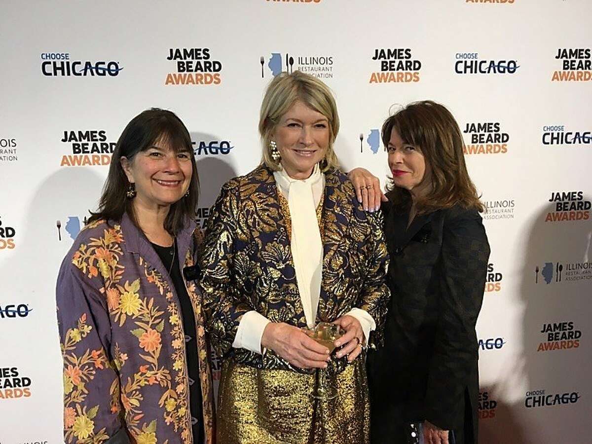 Nikki Silva, left, and Davia Nelson, right, pose with Martha Stewart at the James Beard Foundation media awards show in New York; Silva and Nelson are radio's "The Kitchen Sisters."