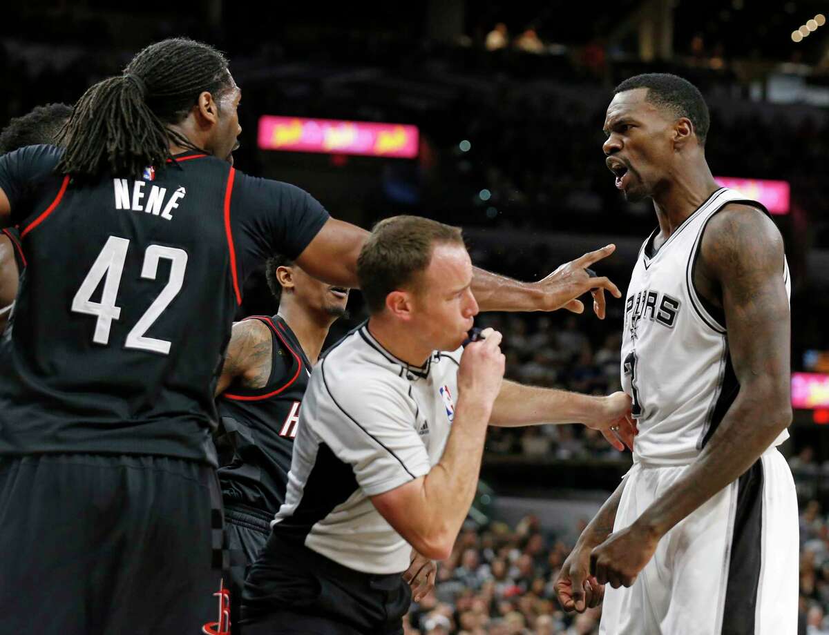 Houston RocketsÃ©?• Nene and San Antonio Spurs' Dewayne Dedmon argue as official Josh Tiven moves in at the end of the third quarter during Game 1 in the Western Conference semifinals held Monday May 1, 2017 at the AT&T Center. Nene was ejected.