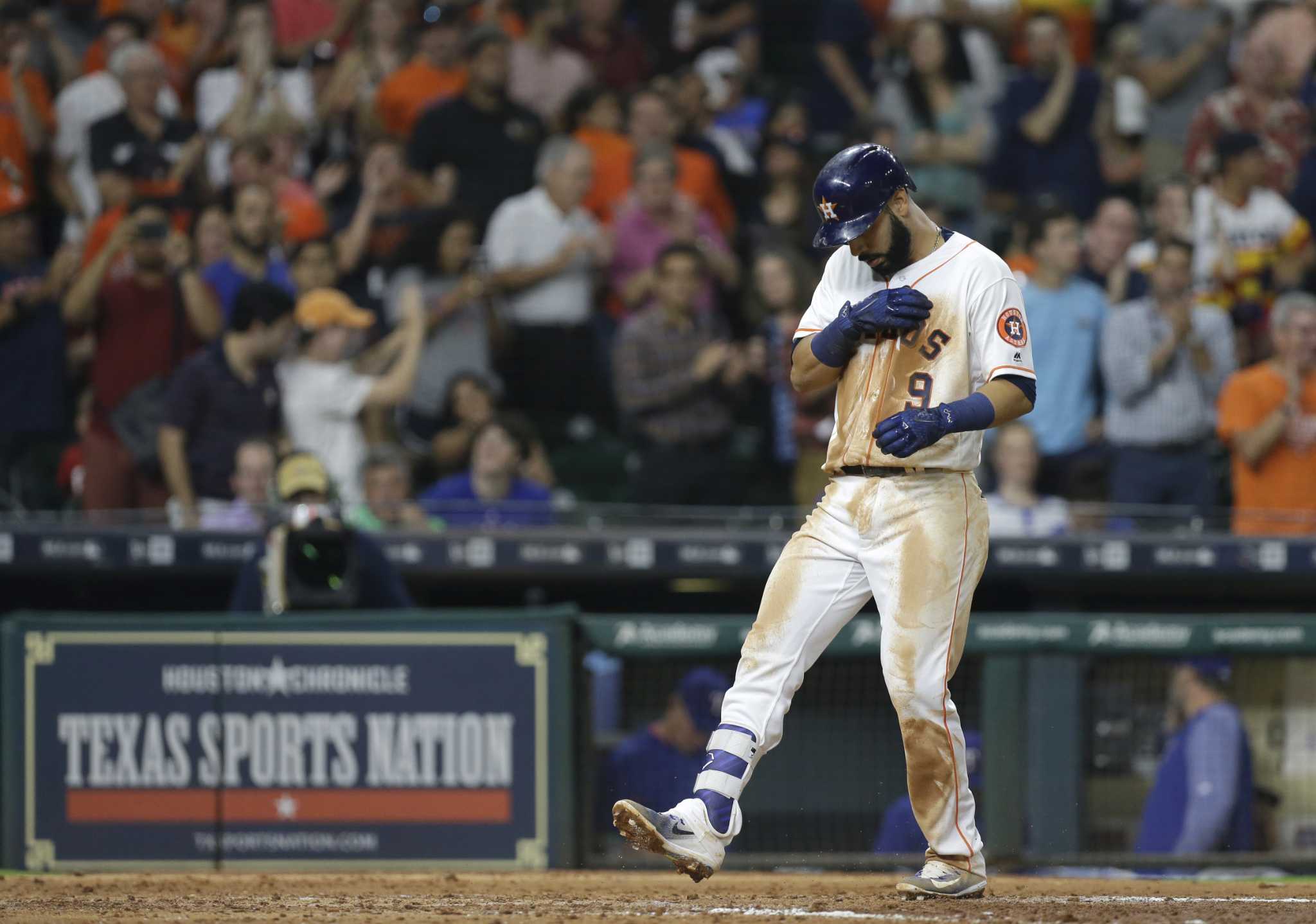 Marwin Gonzalez points to 'Houston Strong' patch after tying HR