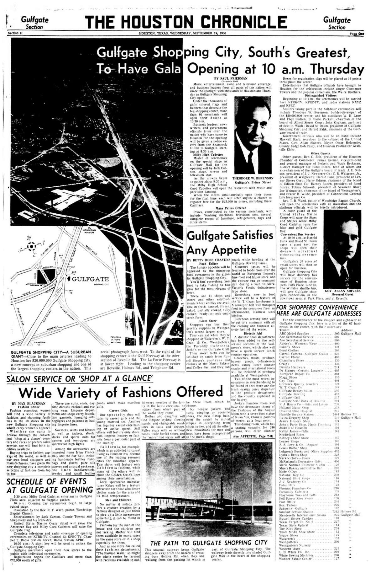 Houston Chronicle inside page - September 19, 1956 - section H, page 1. Gulfgate Shopping City, South's Greatest, To Have Gala Opening at 10 a.m. Thursday