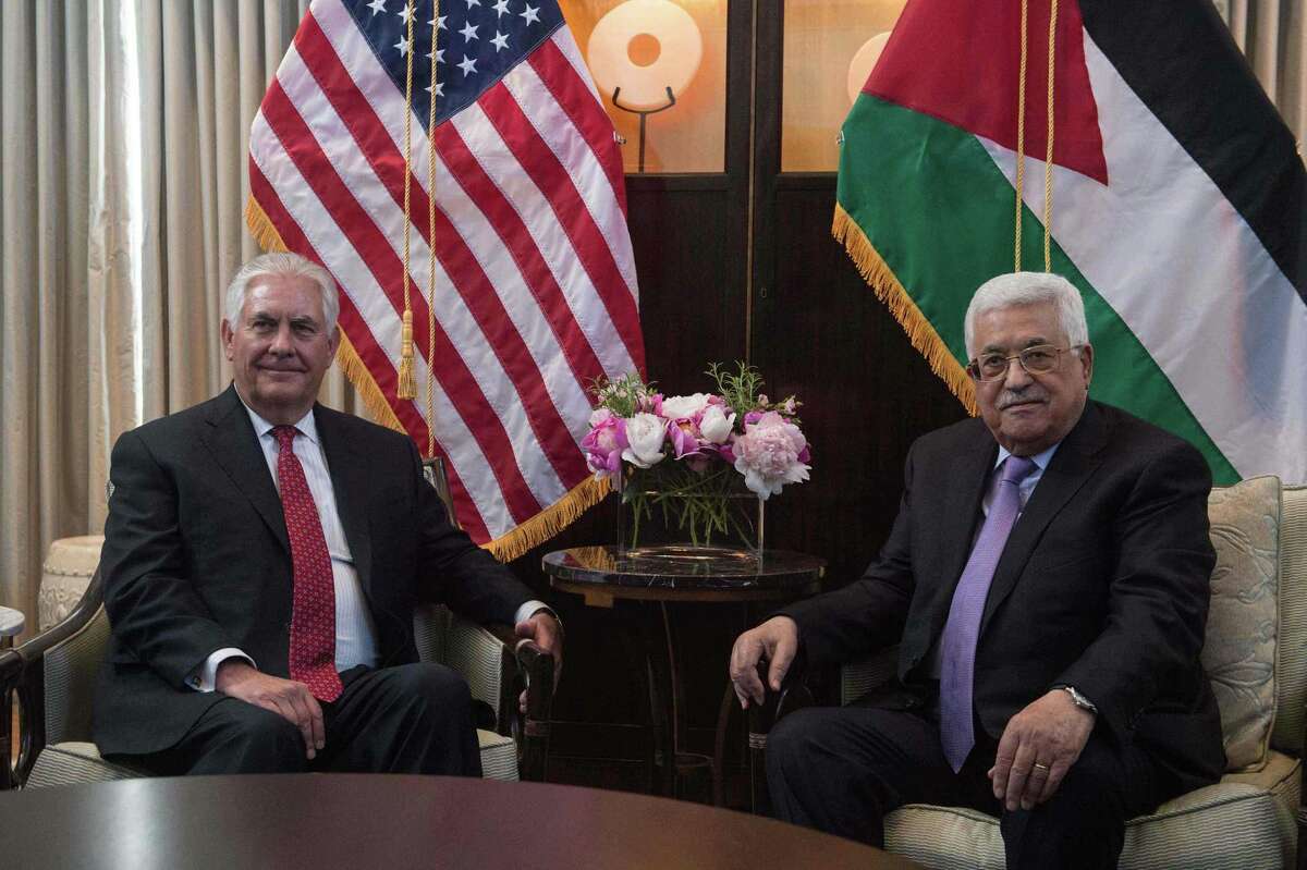 US Secretary of State Rex Tillerson meets with Palestinian president Mahmud Abbas in Washington, DC, on May 3, 2017. / AFP PHOTO / NICHOLAS KAMMNICHOLAS KAMM/AFP/Getty Images